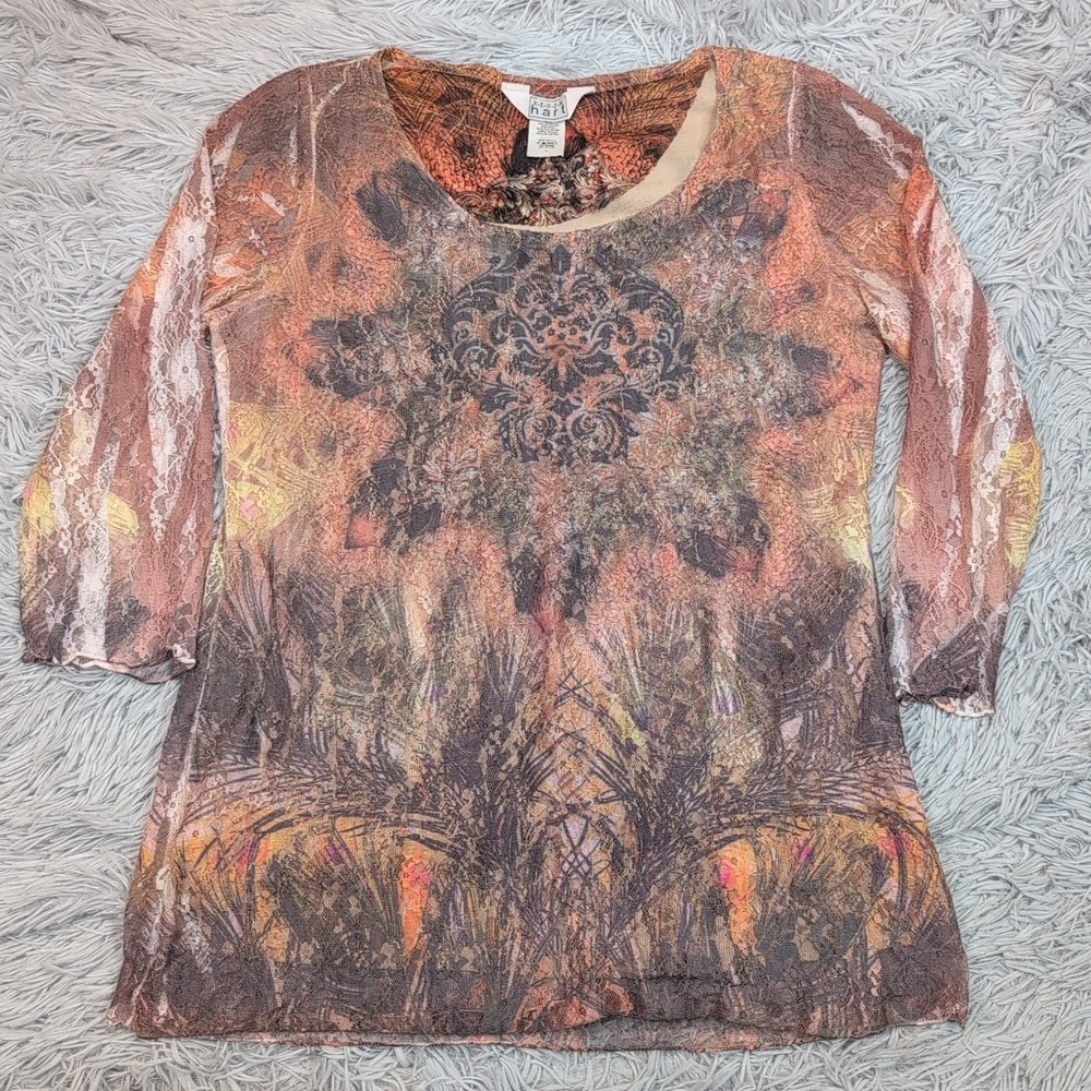 Vintage Keren Hart Shirt Womens L Biege Lace Blouse Paisley Top Casual Comfort